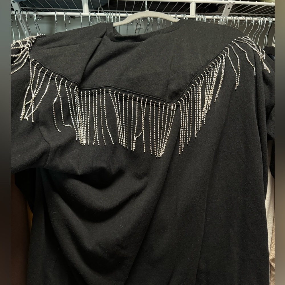 Cozy Fleece Crew Neck Drop Shoulder Rhinestone Fringe Sweatshirt